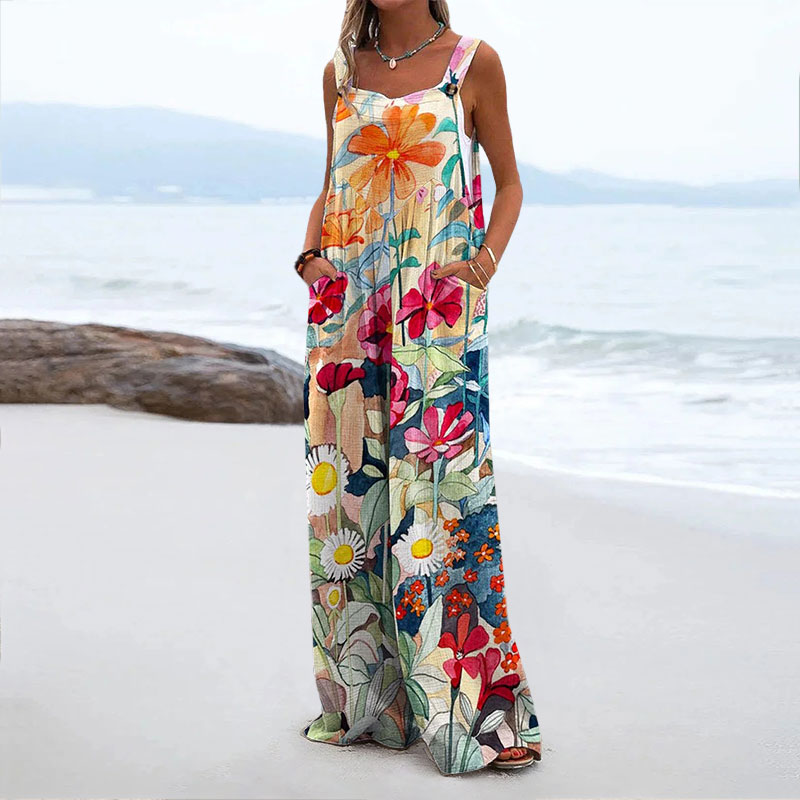 Summer Vacation Floral Print Casual Wide Leg Jumpsuit