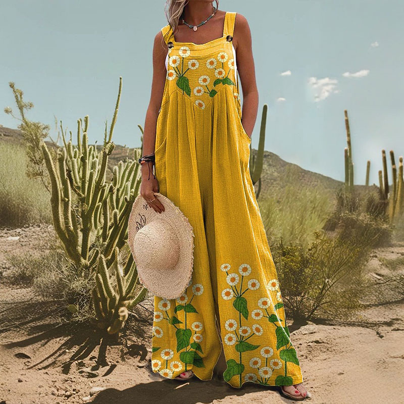Women's Yellow Daisy Print Casual Wide Leg Jumpsuit