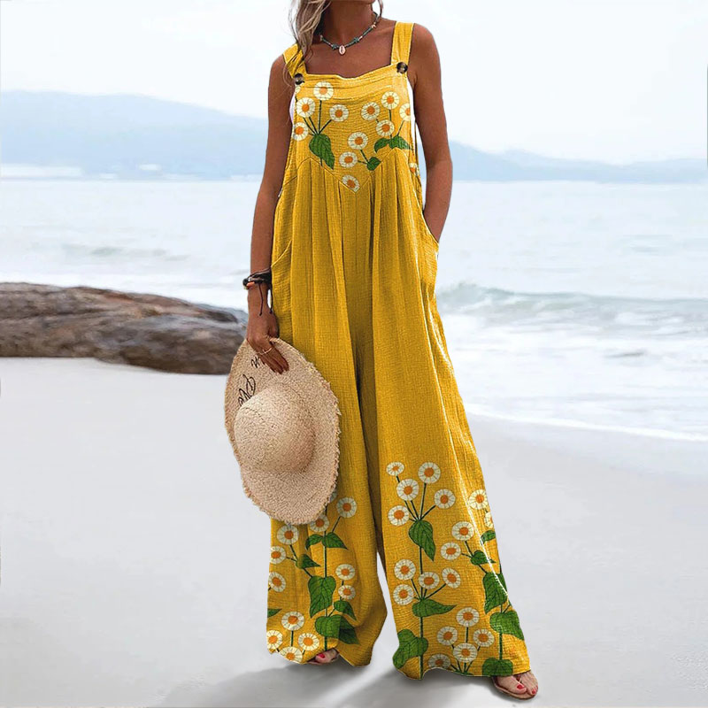 Women's Yellow Daisy Print Casual Wide Leg Jumpsuit