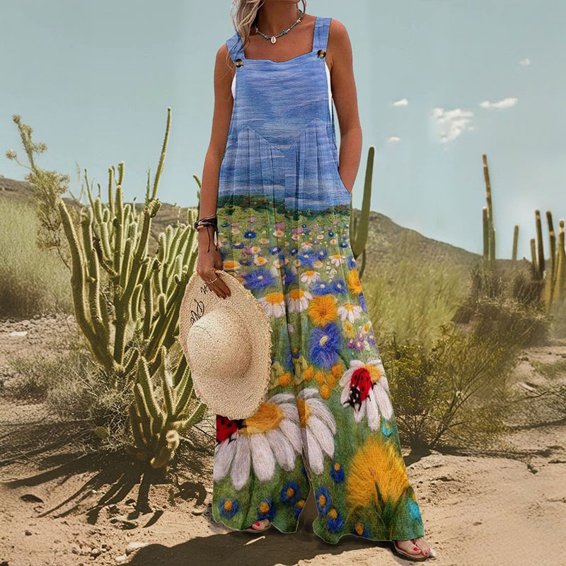 Vacation Romantic Sunflower Field Art Print Casual Wide Leg Jumpsuit