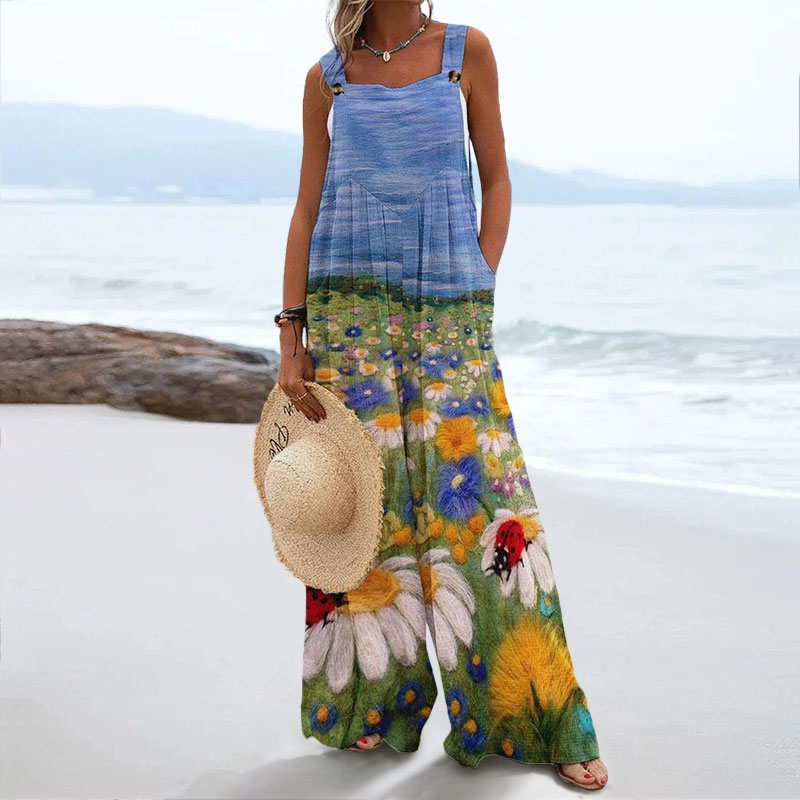 Vacation Romantic Sunflower Field Art Print Casual Wide Leg Jumpsuit