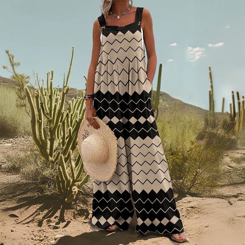 Women's Geometric Fringe Print Casual Wide Leg Jumpsuit
