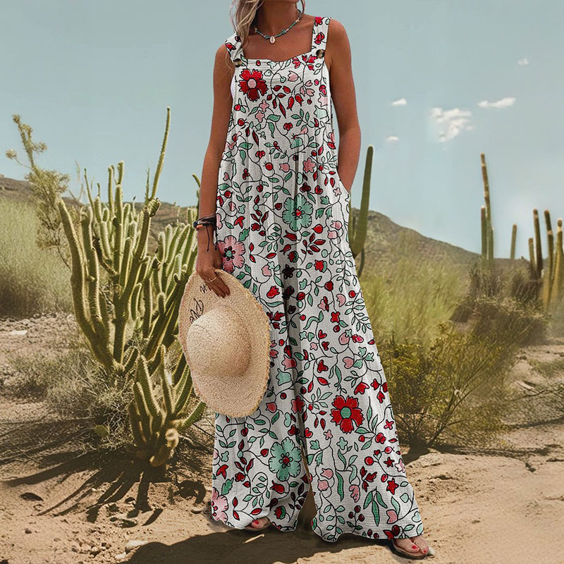 Retro Simple Floral Print Casual Wide Leg Jumpsuit
