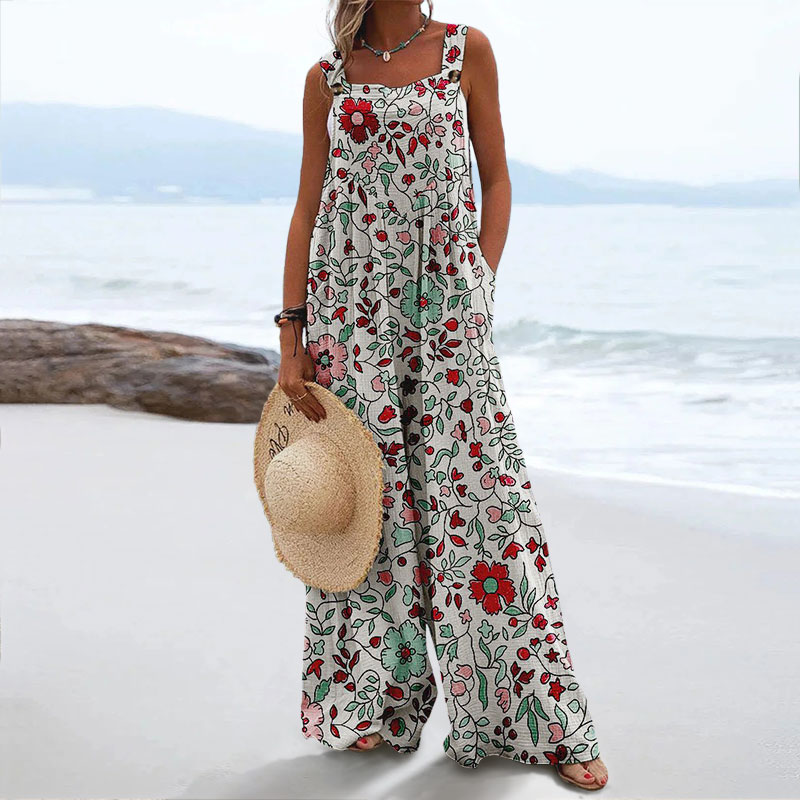 Retro Simple Floral Print Casual Wide Leg Jumpsuit
