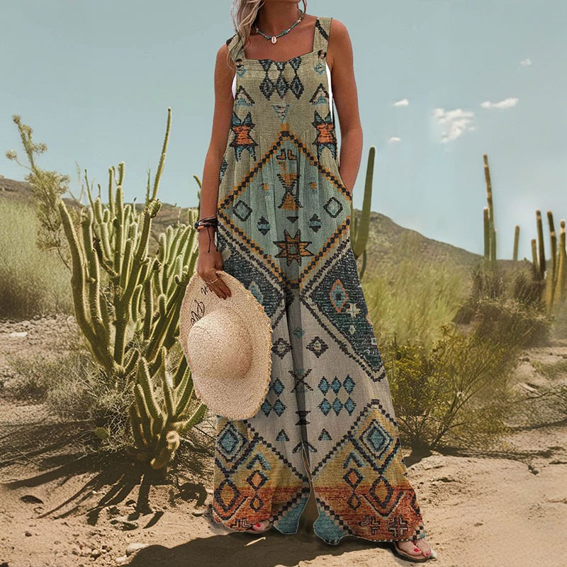 Women's Vintage Pattern Print Casual Wide Leg Jumpsuit