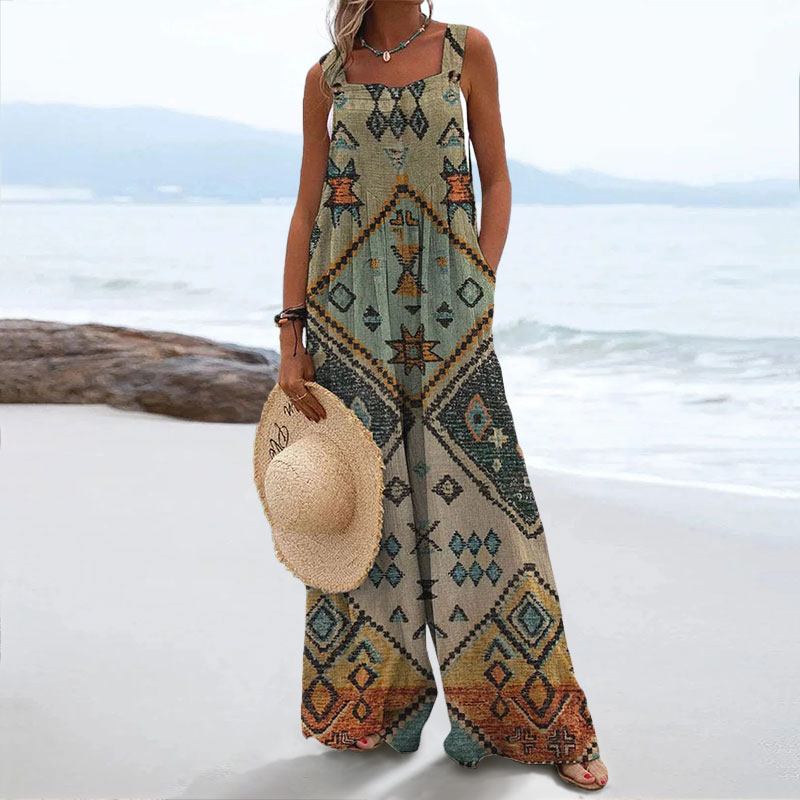 Women's Vintage Pattern Print Casual Wide Leg Jumpsuit