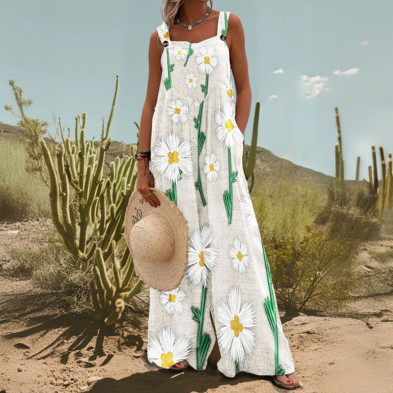 Vintage Simple Daisy Print Casual Wide Leg Jumpsuit