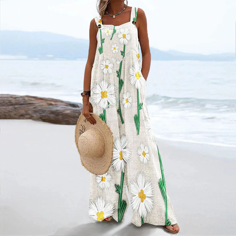 Vintage Simple Daisy Print Casual Wide Leg Jumpsuit
