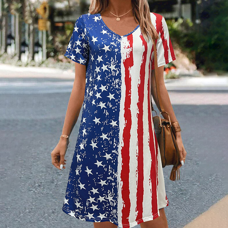 Women's Casual American Flag Print Short Sleeve Dress - Blue - 8XL - image 1