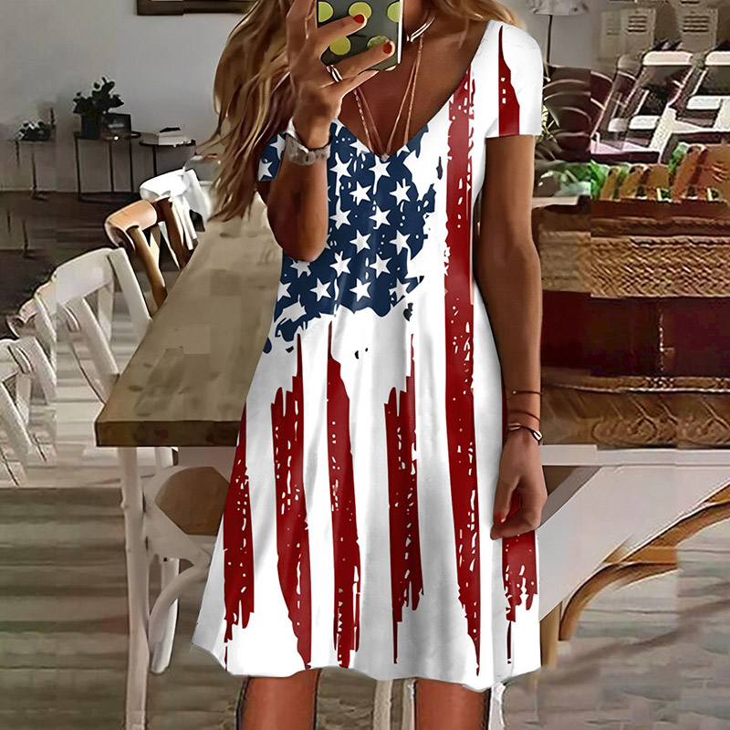 Women's Casual American Flag Print V Neck Short Sleeve Dress - White - 8XL - image 1