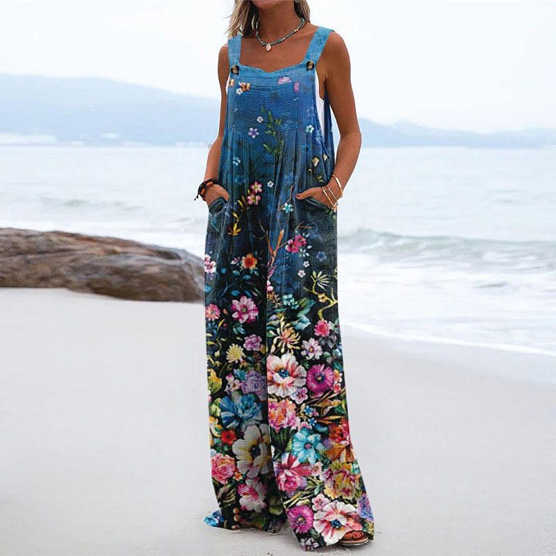 Vacation Vintage Floral Print Casual Wide Leg Jumpsuit