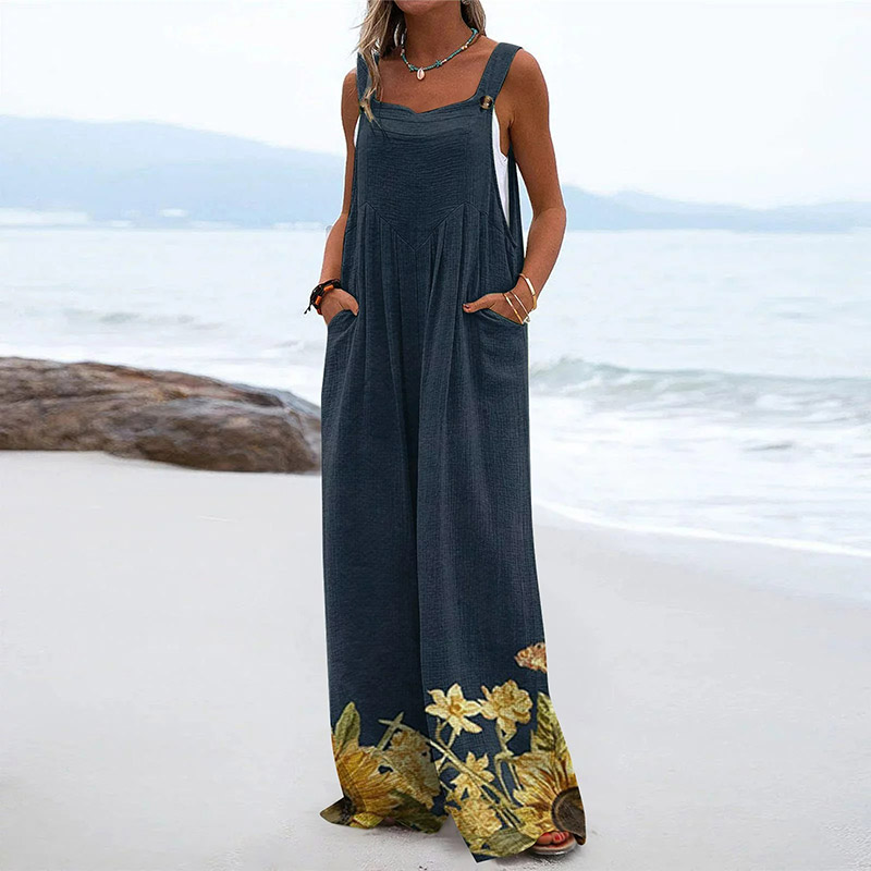 Vacation Retro Sunflower Print Casual Wide Leg Jumpsuit