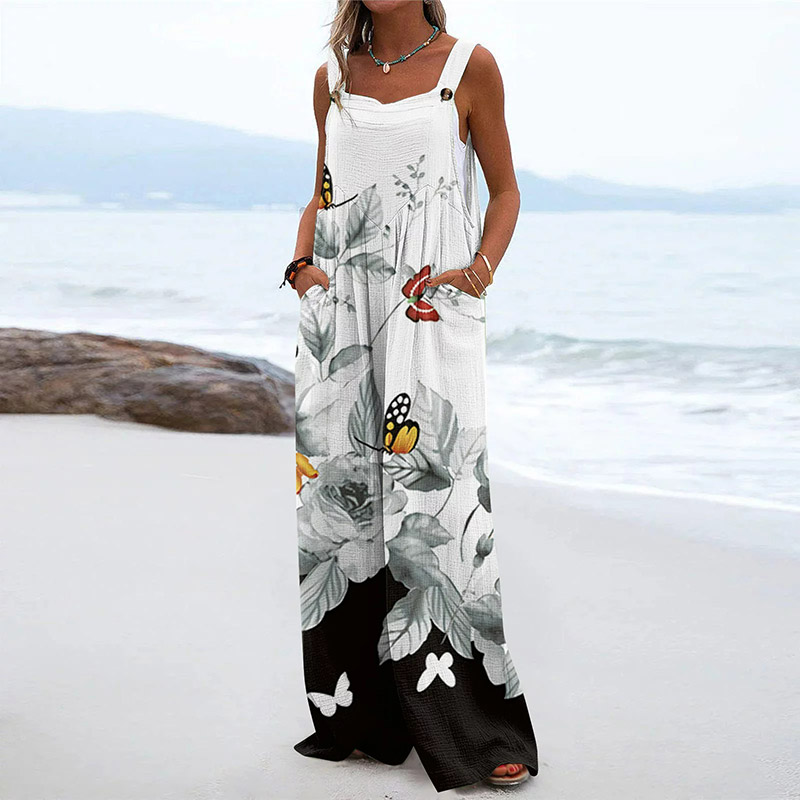 Retro Casual Simple Floral Butterfly Print Wide Leg Jumpsuit