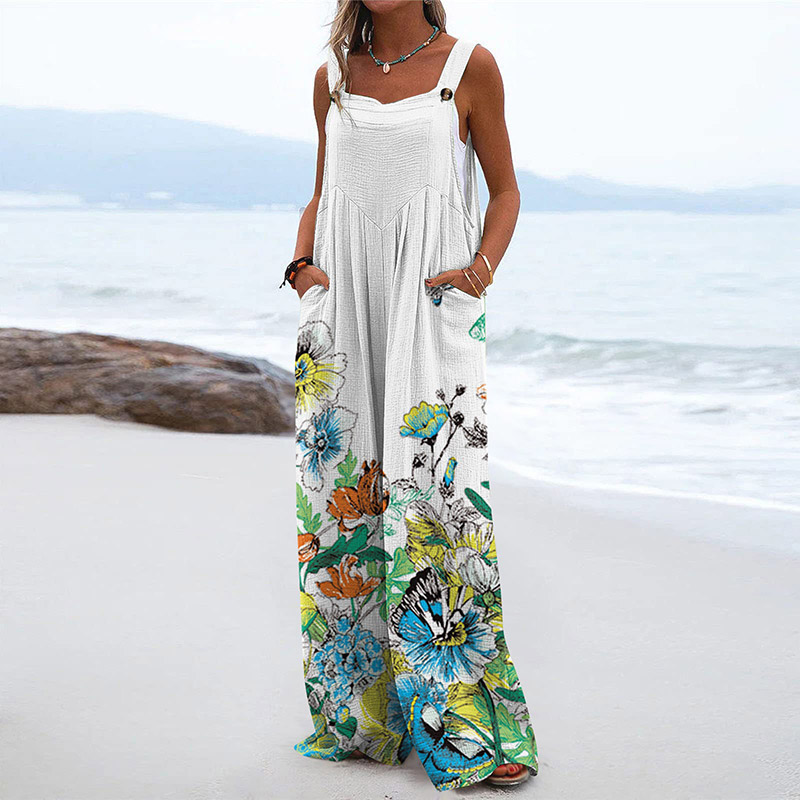 Vacation Retro Casual Floral Butterfly Print Wide Leg Jumpsuit