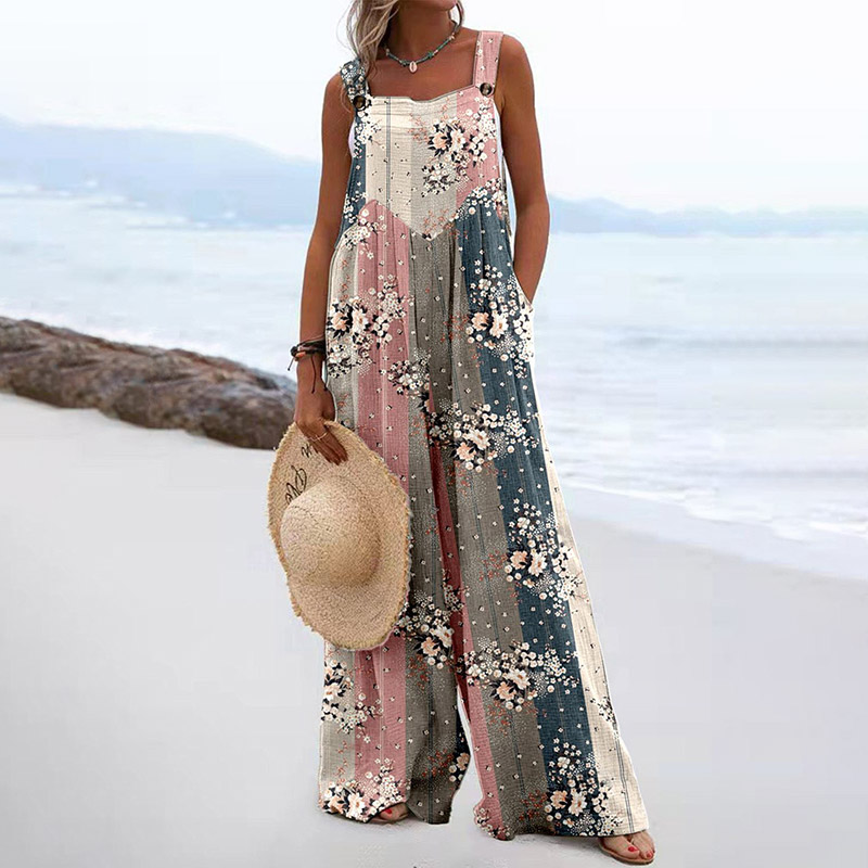 Stripe Vintage Stitching Floral Graphic Print Wide Leg Jumpsuit