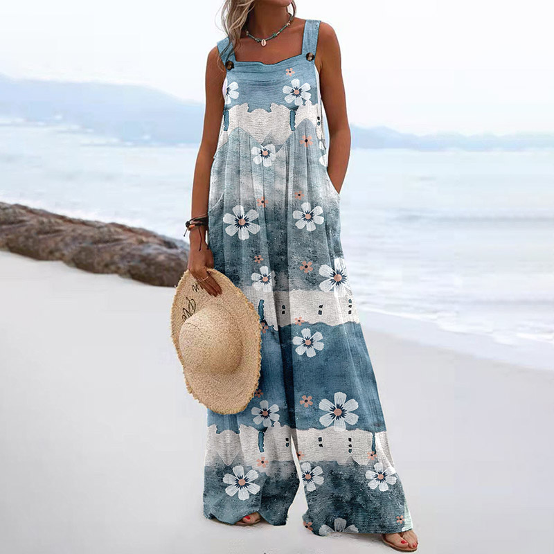 Vacation Retro Floral Print Wide Leg Jumpsuit