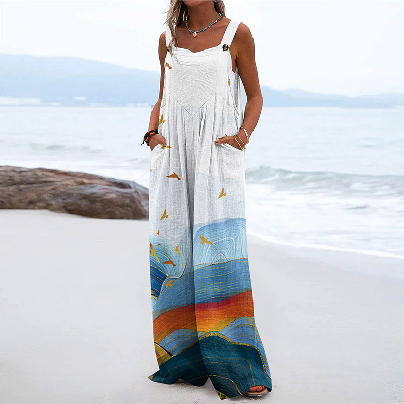 Japanese Art Crane Waves Line Drawing Print Wide Leg Jumpsuit