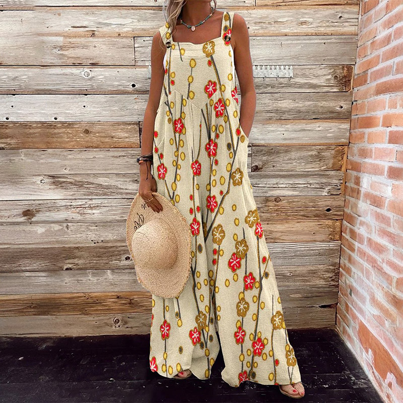 Retro Japanese Plum Blossom Line Art Print Wide Leg Jumpsuit