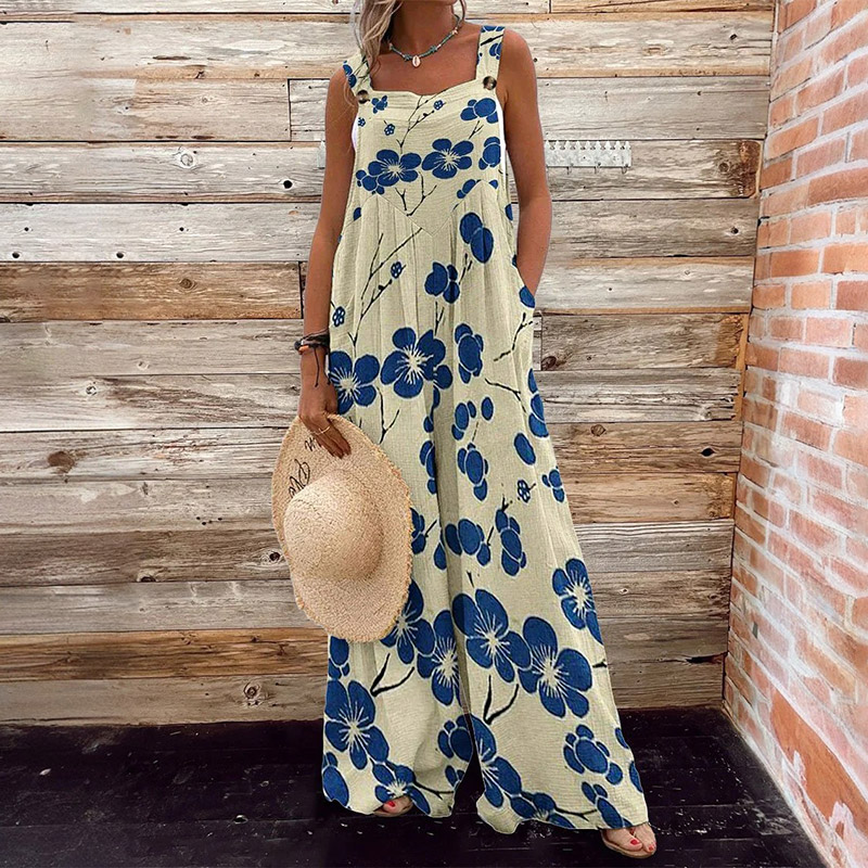 Vintage Cherry Blossom Japanese Lino Art Print Wide Leg Jumpsuit