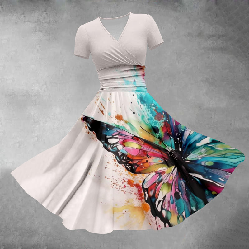Retro Tie Dye Butterfly Print Casual Midi Dress - White - 5XL - image 1