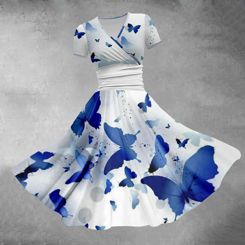 Retro Blue Butterfly Ink Print Casual Midi Dress - Blue - 5XL - image 1