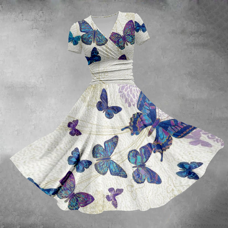 Retro Butterfly Print Casual Midi Dress - White - 5XL - image 1