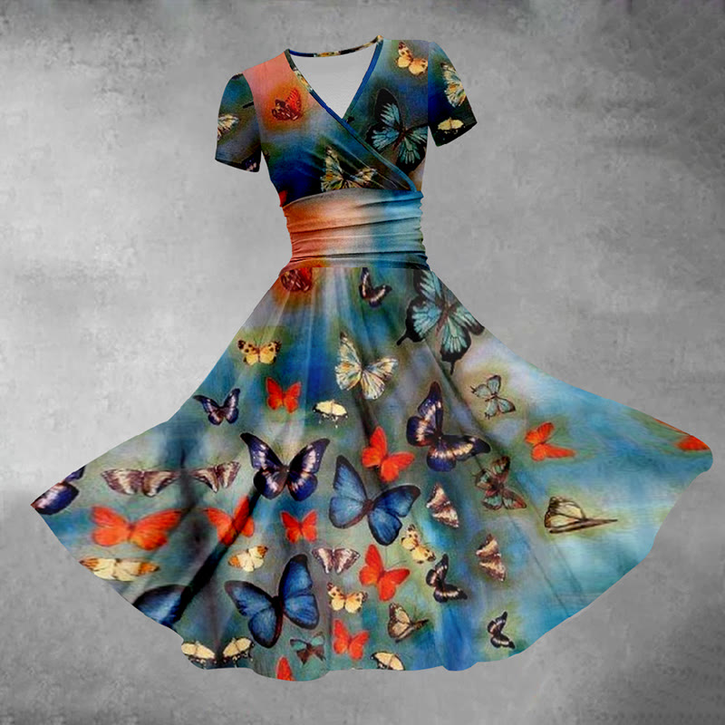 Retro Butterfly Gradient Color Casual Midi Dress - Blue - 5XL - image 1