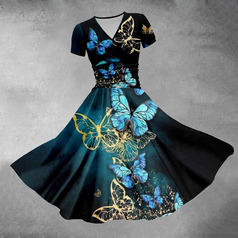 Retro Dark Green Butterfly Casual Midi Dress - Dark Green - 5XL - image 1