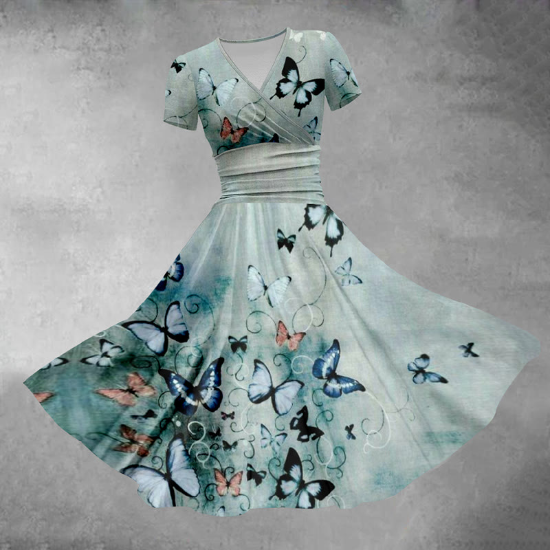 Retro V-neck Butterfly Casual Midi Dress - Light Green - 5XL - image 1