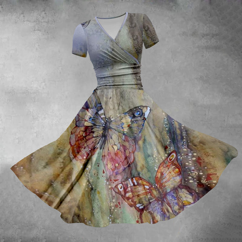 Retro V-neck Art Butterfly Casual Midi Dress - Multicolor - 5XL - image 1