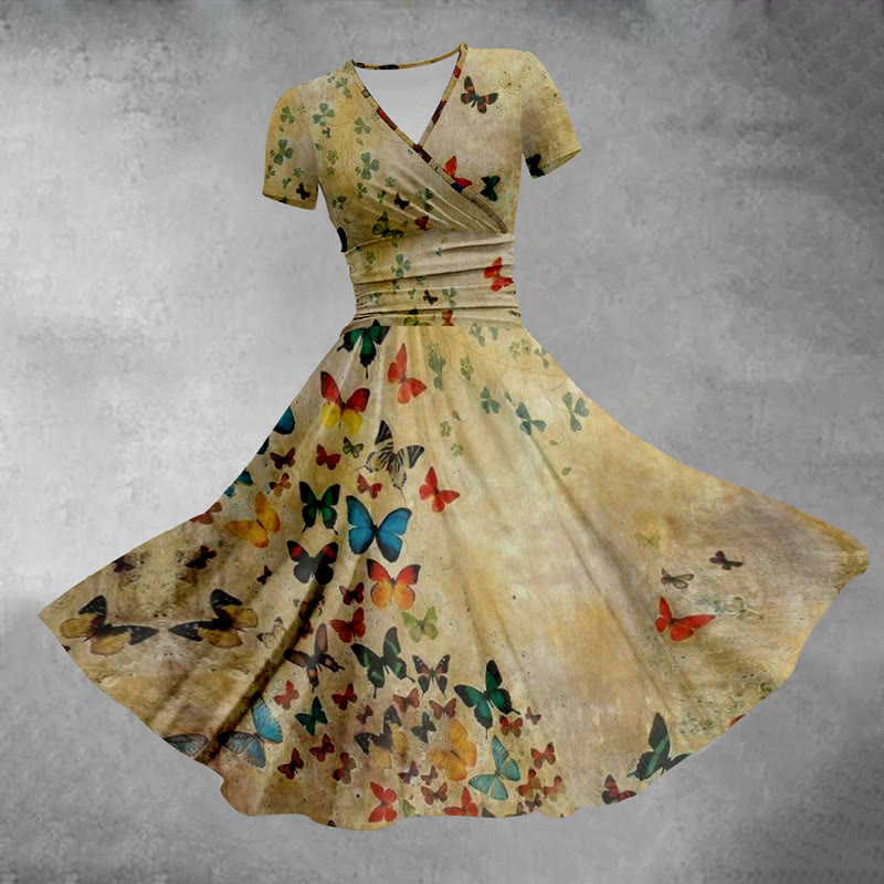 Retro Art Butterfly V-neck Midi Dress - Apricot - 5XL - image 1