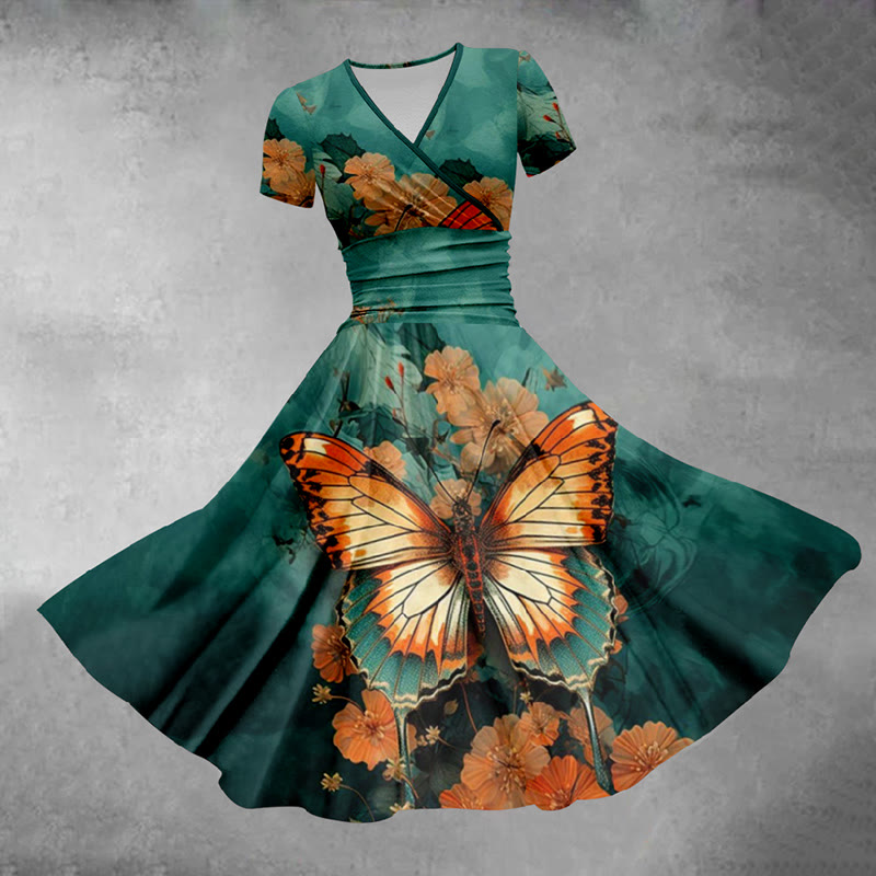 Retro Green Butterfly Floral Print Midi Dress - Green - 5XL - image 1