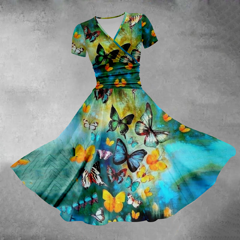 Retro Ombre Butterfly Print Midi Dress - Green - 5XL - image 1
