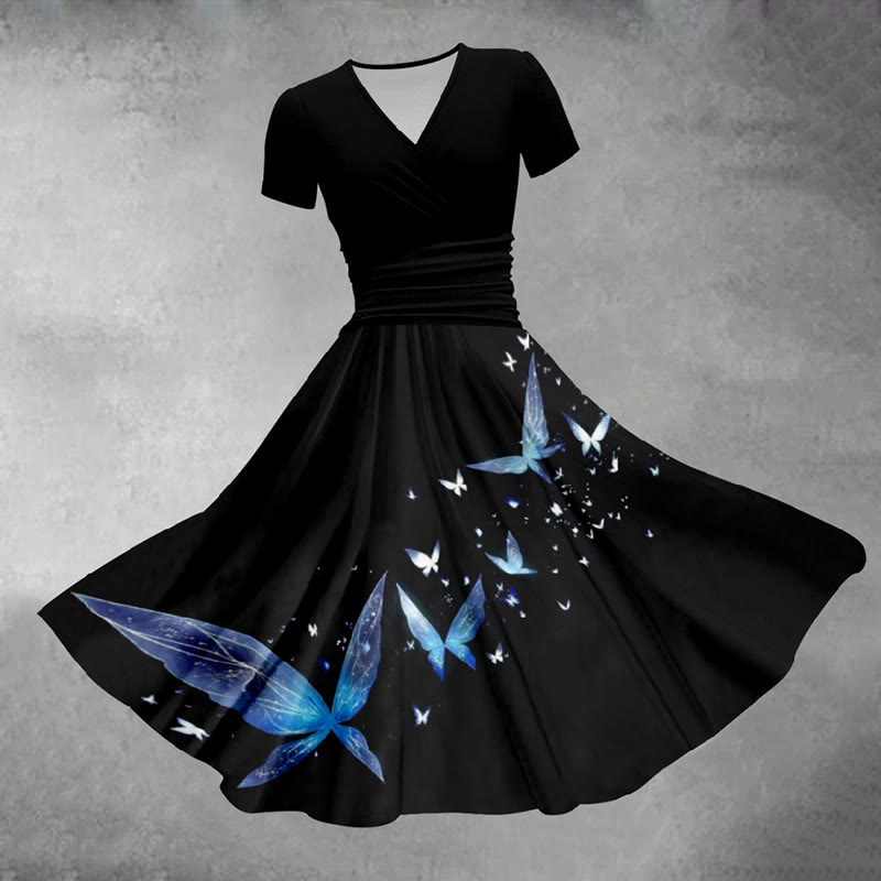 Retro Elegant Black Butterfly Print Midi Dress - Black - 5XL - image 1