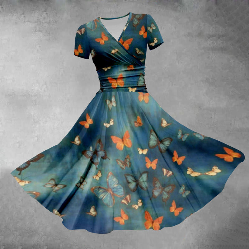 Retro V-neck Blue Butterfly Print Midi Dress - Blue - 5XL - image 1