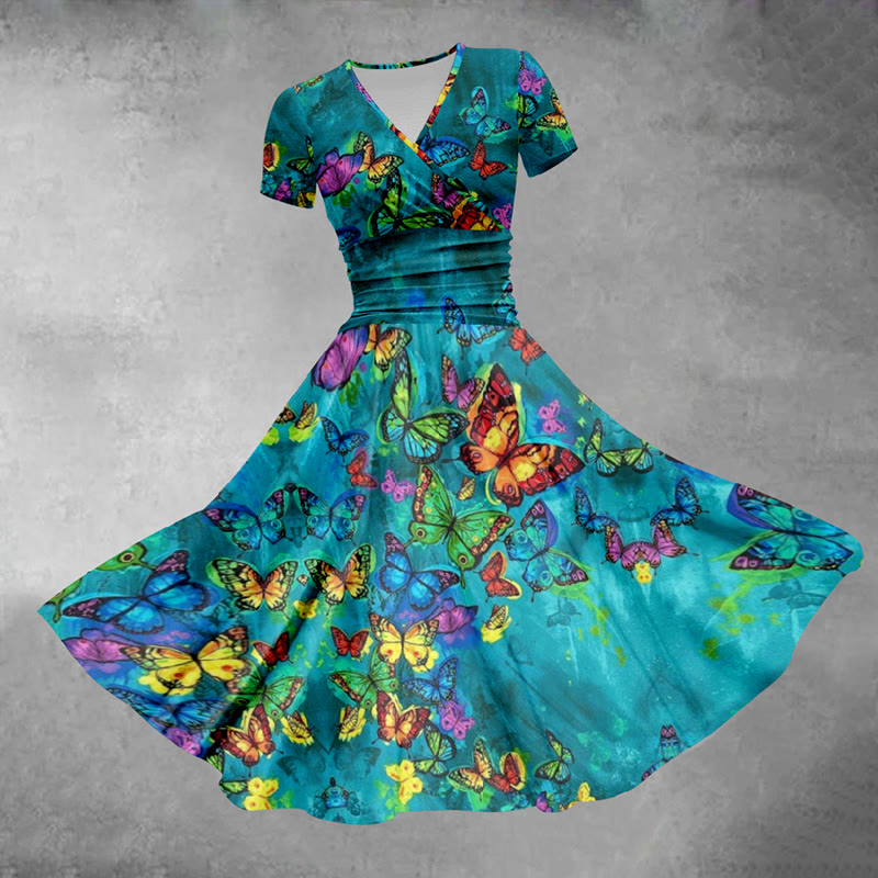 Retro Colorful Butterfly Print Midi Dress - Lake Blue - 5XL - image 1