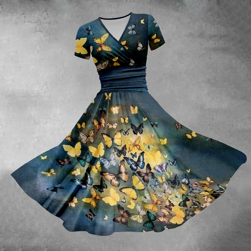 Colorful Butterfly Print V-neck Midi Dress - Yellow - 5XL - image 1