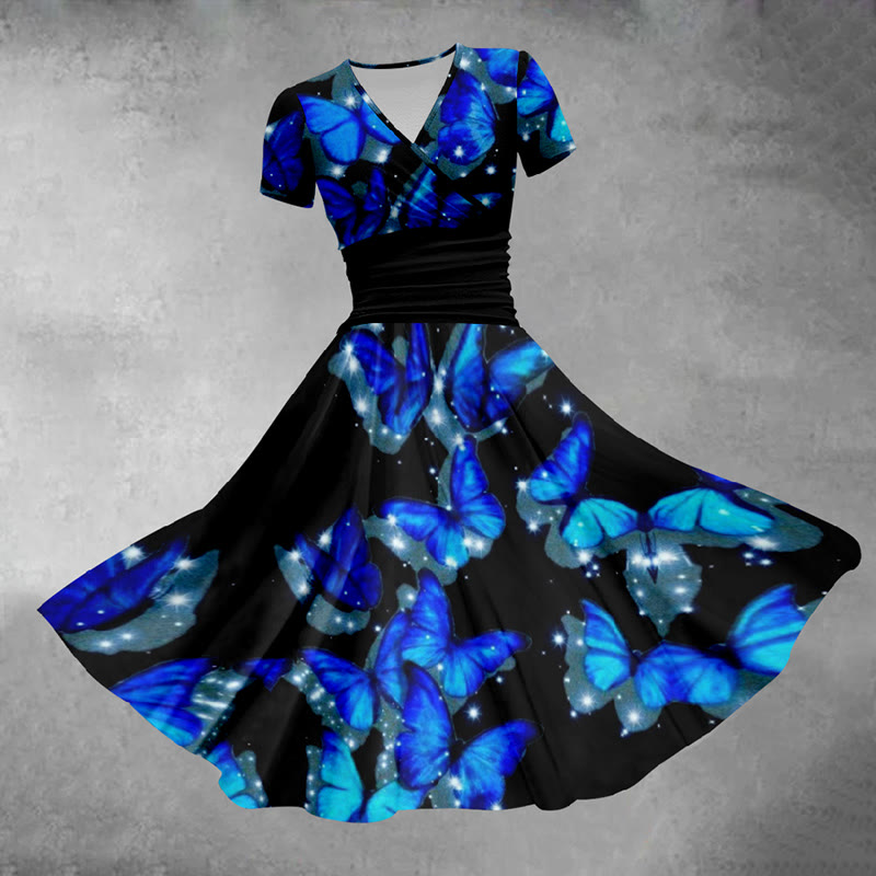 Blue Butterfly Print V-neck Midi Dress - Blue - 5XL - image 1
