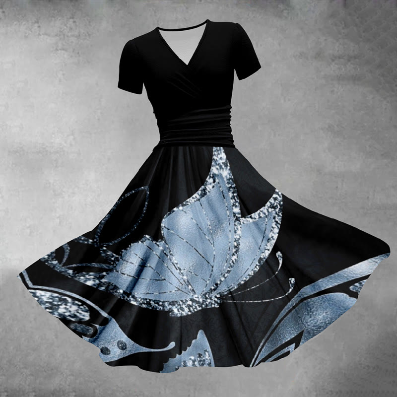 Elegant Black Butterfly Print V-neck Midi Dress - Black - 5XL - image 1