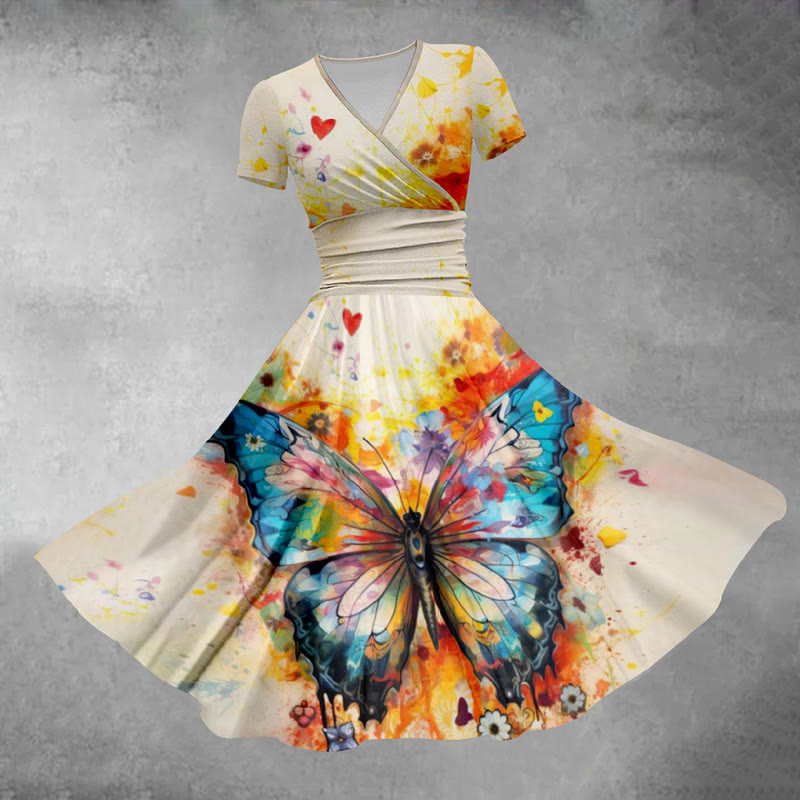 Colorful Butterfly Tie-dye Printed V-neck Midi Dress - Apricot - 5XL - image 1