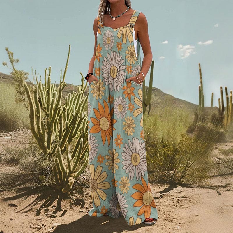 Summer Vacation Retro Hippie Chrysanthemum Print Wide Leg Jumpsuit