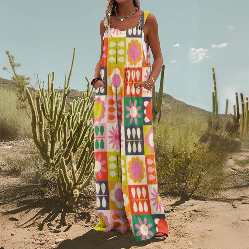 Women's Holiday Retro Multi-color Plaid Floral Print Wide Leg Jumpsuit