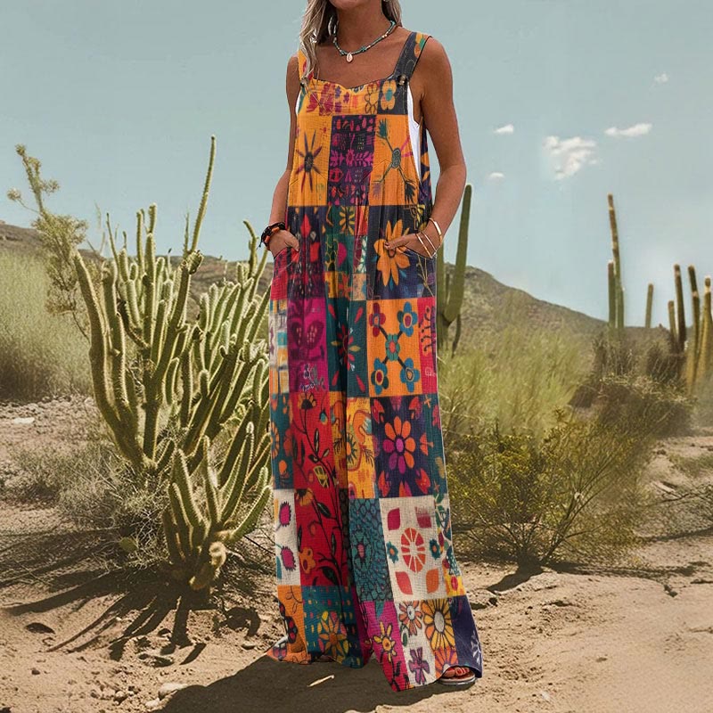 Retro Multi-color Abstract Floral Patchwork Art Print Wide Leg Jumpsuit