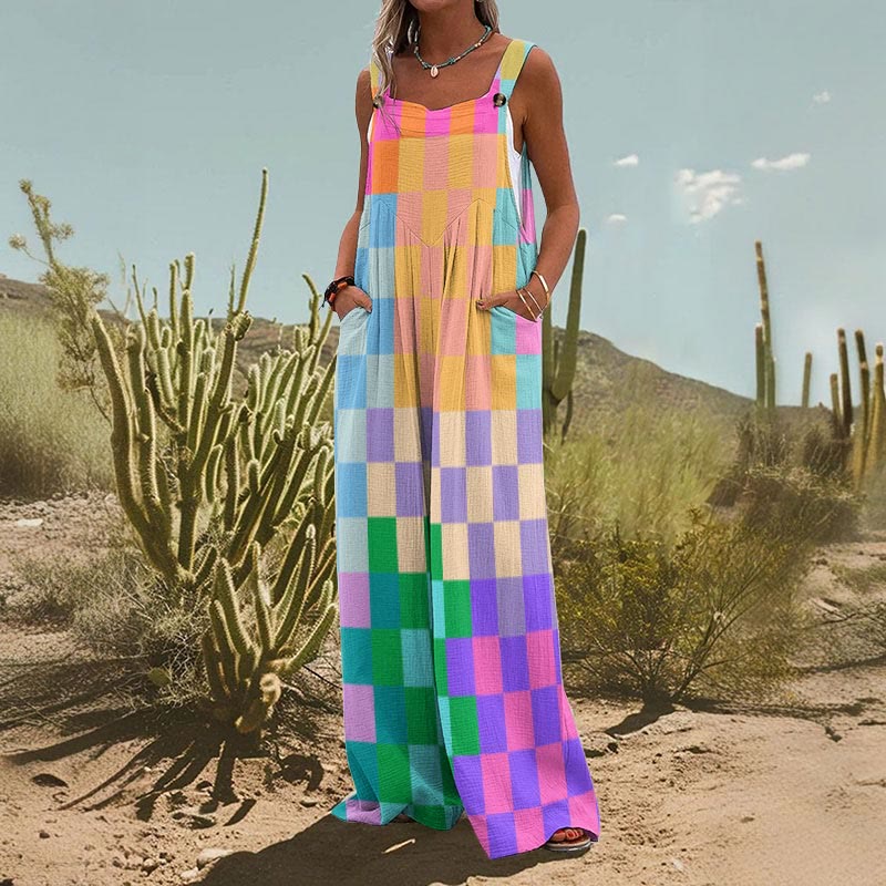 Summer Vacation Hippie Multicolor Checkered Print Wide Leg Jumpsuit
