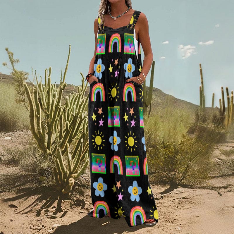 Retro Rainbow Flower Print Wide Leg Jumpsuit