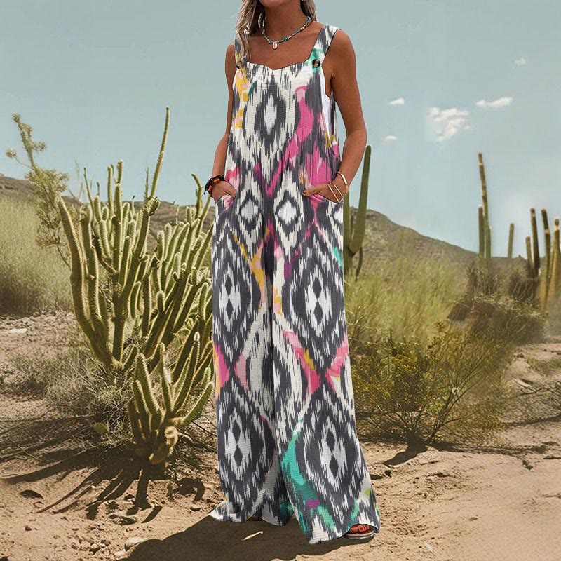 Women's Retro Geometric Ethnic Print Wide Leg Jumpsuit