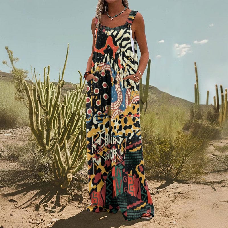 Retro Abstract Ethnic Totem Leopard Print Casual Wide Leg Jumpsuit