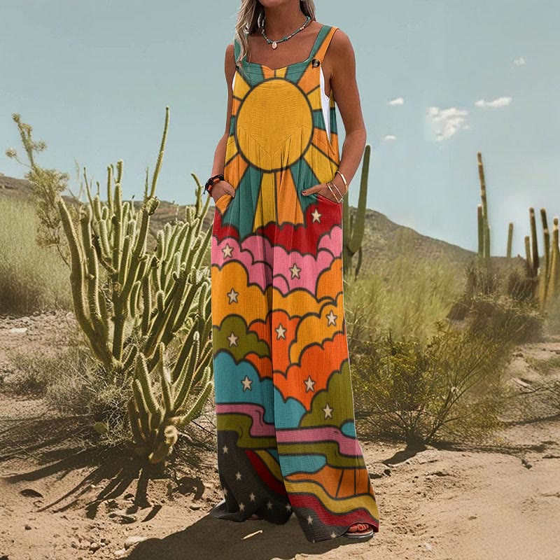 Retro Hippie Multicolor Sun Print Wide Leg Jumpsuit