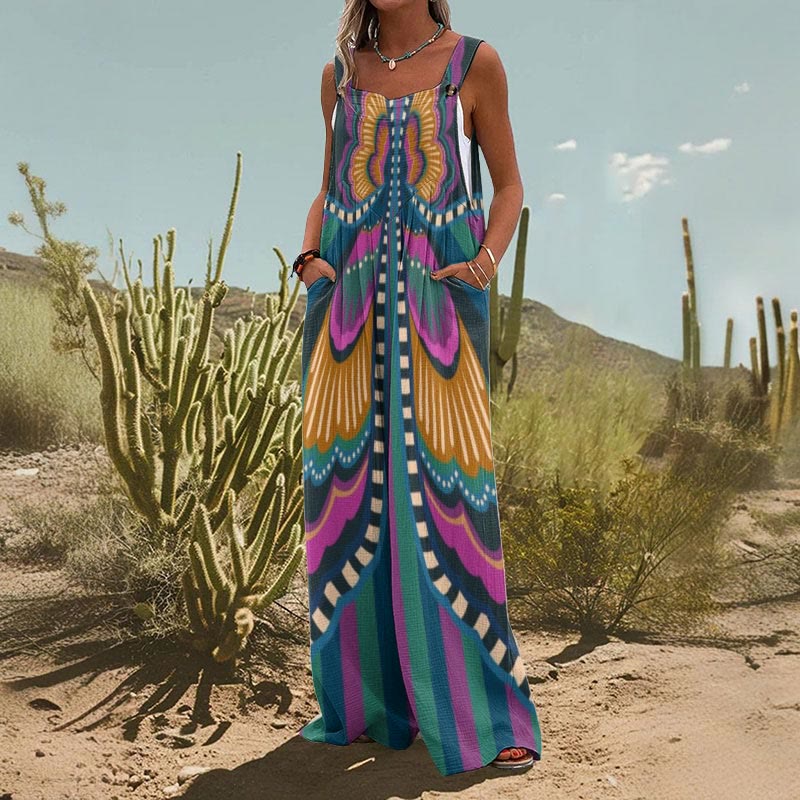Vintage Abstract Butterfly Art Print Wide Leg Jumpsuit