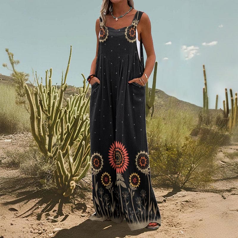 Women's Retro Midnight Garden Print Casual Wide Leg Jumpsuit